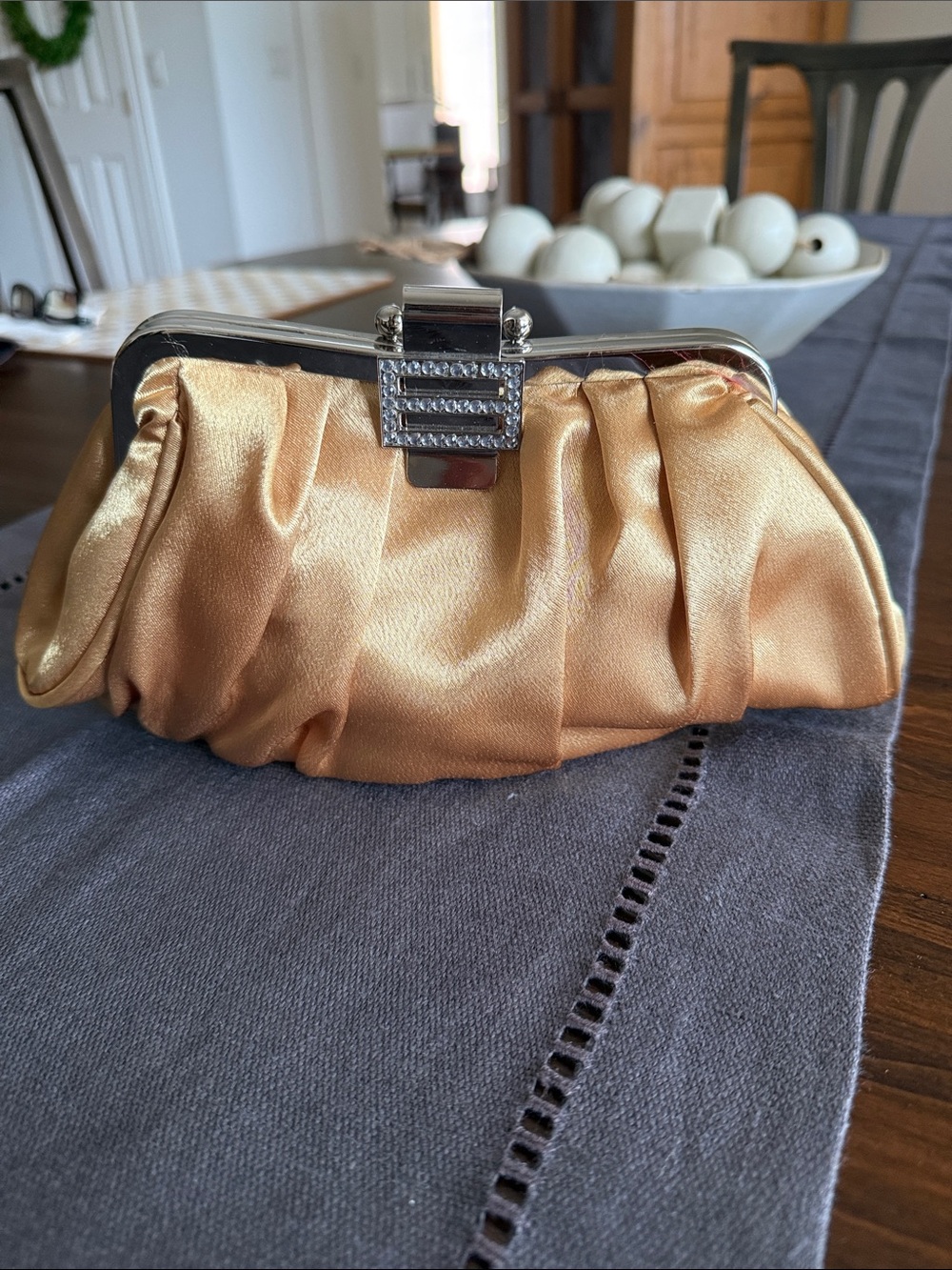 Bijoux Terner Gold Satin Pleated Evening Clutch with Crystal Accent